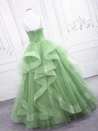 Green/Blue Long Shiny Elegant Spaghetti Straps Long Ruffled Organza Ball Gown Evening Dress Quinceanera Dress