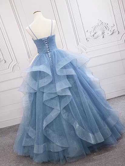 Green/Blue Long Shiny Elegant Spaghetti Straps Long Ruffled Organza Ball Gown Evening Dress Quinceanera Dress
