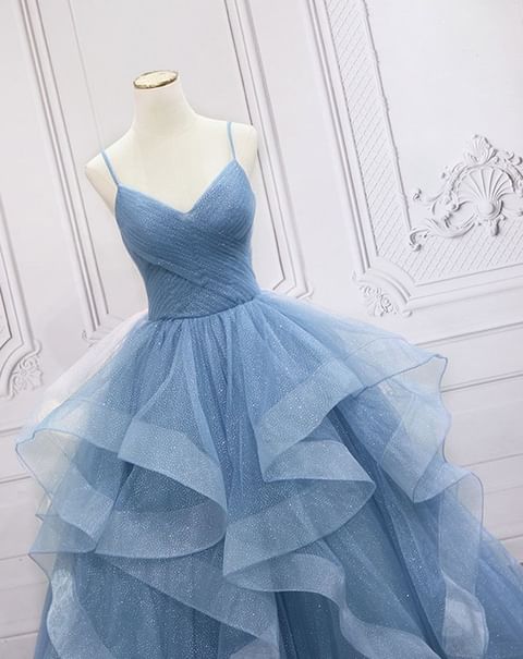 Green/Purple/Blue Fashion Elegant Spaghetti Strap Long Organza Ruffles Ball Gown Evening Gown Graduation Gown Adult Ceremony Gown