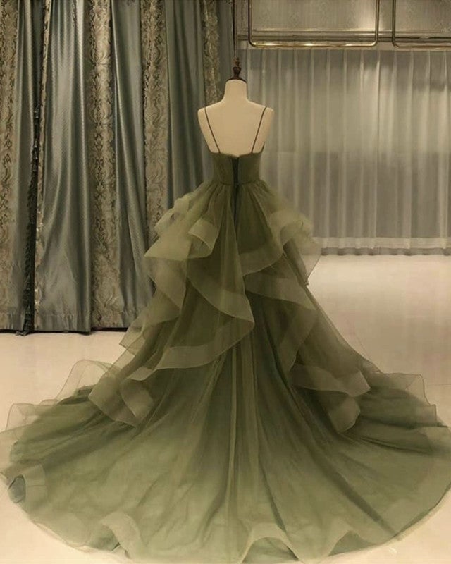 Green/Purple/Blue Fashion Elegant Spaghetti Strap Long Organza Ruffles Ball Gown Evening Gown Graduation Gown Adult Ceremony Gown