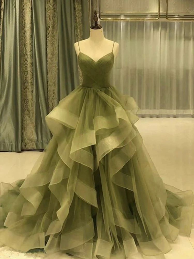 Green/Blue Long Shiny Elegant Spaghetti Straps Long Ruffled Organza Ball Gown Evening Dress Quinceanera Dress