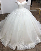 Ball Gowns Organza Wedding Dresses Lace Appliques Off Shoulder
