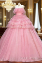 Ball Gown Pink Tulle Sequins Long Prom Evening Dress, Beautiful Pink Strapless Sweet 16 Dress