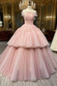 Ball Gown Pink Tulle Strapless Long Prom Evening Dress, Pink Sweet 16 Dress