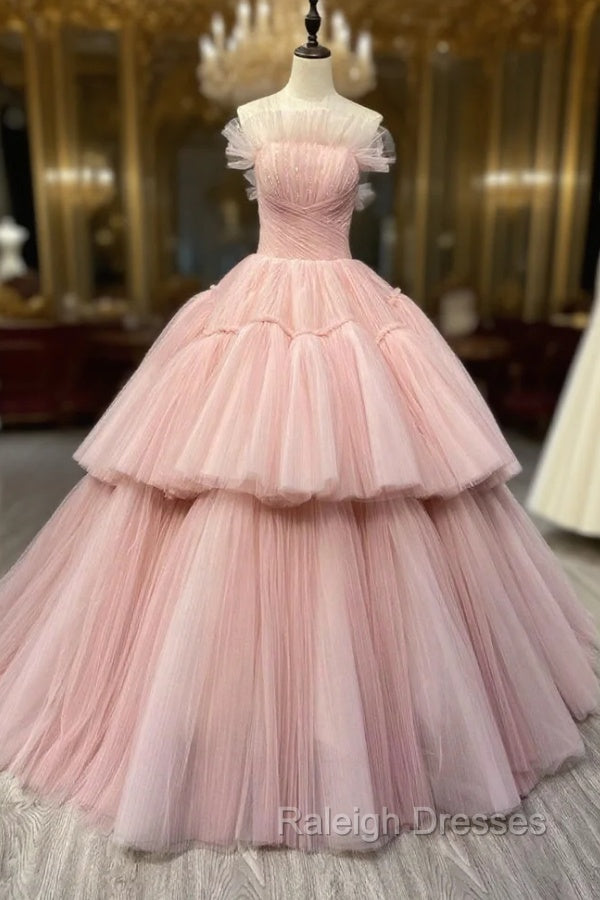 Ball Gowns Pink Tulle Strapless Long Prom Prom Dress, Pink Sweet 16 Dress