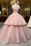 Ball Gowns Pink Tulle Strapless Long Prom Prom Dress, Pink Sweet 16 Dress