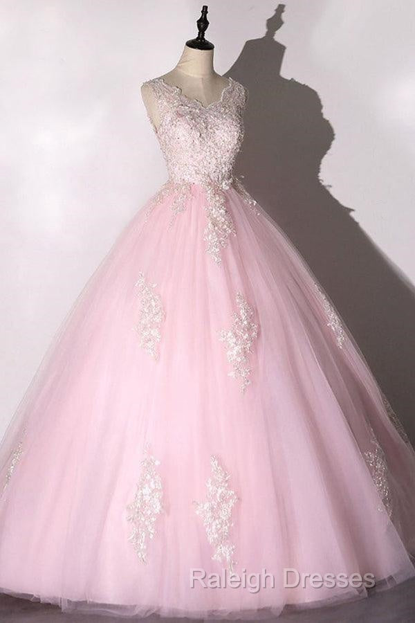 Ball Gown Pink V-Neck Prom Dress Tulle Applique Long Evening Dress Secondary image