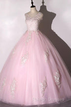 Ball Gown Pink V-Neck Prom Dress Tulle Applique Long Evening Dress