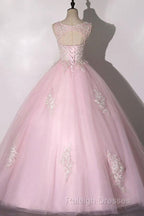 Ball Gown Pink V-Neck Prom Dress Tulle Applique Long Evening Dress