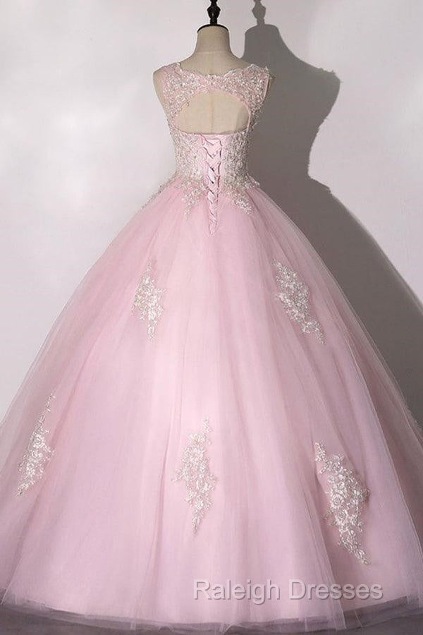 Ball Gown Pink V-Neck Prom Dress Tulle Applique Long Evening Dress