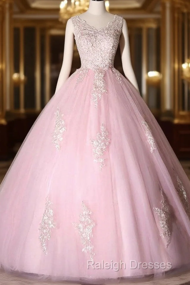 Ball Gown Pink V-Neck Prom Dress Tulle Applique Long Evening Dress