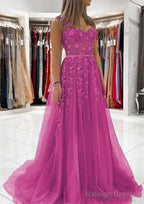 Ball Gown Princess Sweetheart Tulle Sweep Train Prom Dresses With Appliqued Lace