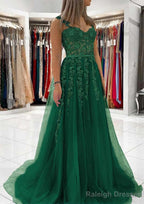 Ball Gown Princess Sweetheart Tulle Sweep Train Prom Dress With Appliqued Lace