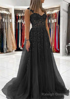 Ball Gown Princess Sweetheart Tulle Sweep Train Prom Dress With Appliqued Lace