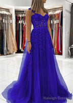 Ball Gown Princess Sweetheart Tulle Sweep Train Prom Dresses With Appliqued Lace