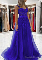 Ball Gown Princess Sweetheart Tulle Sweep Train Prom Dress With Appliqued Lace