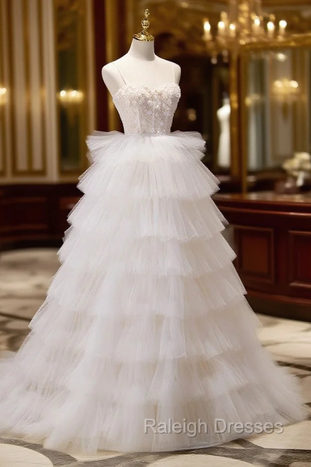 Ball-Gown/Princess Tulle White Long Prom Dresses With Beading Flower Cascading Ruffles