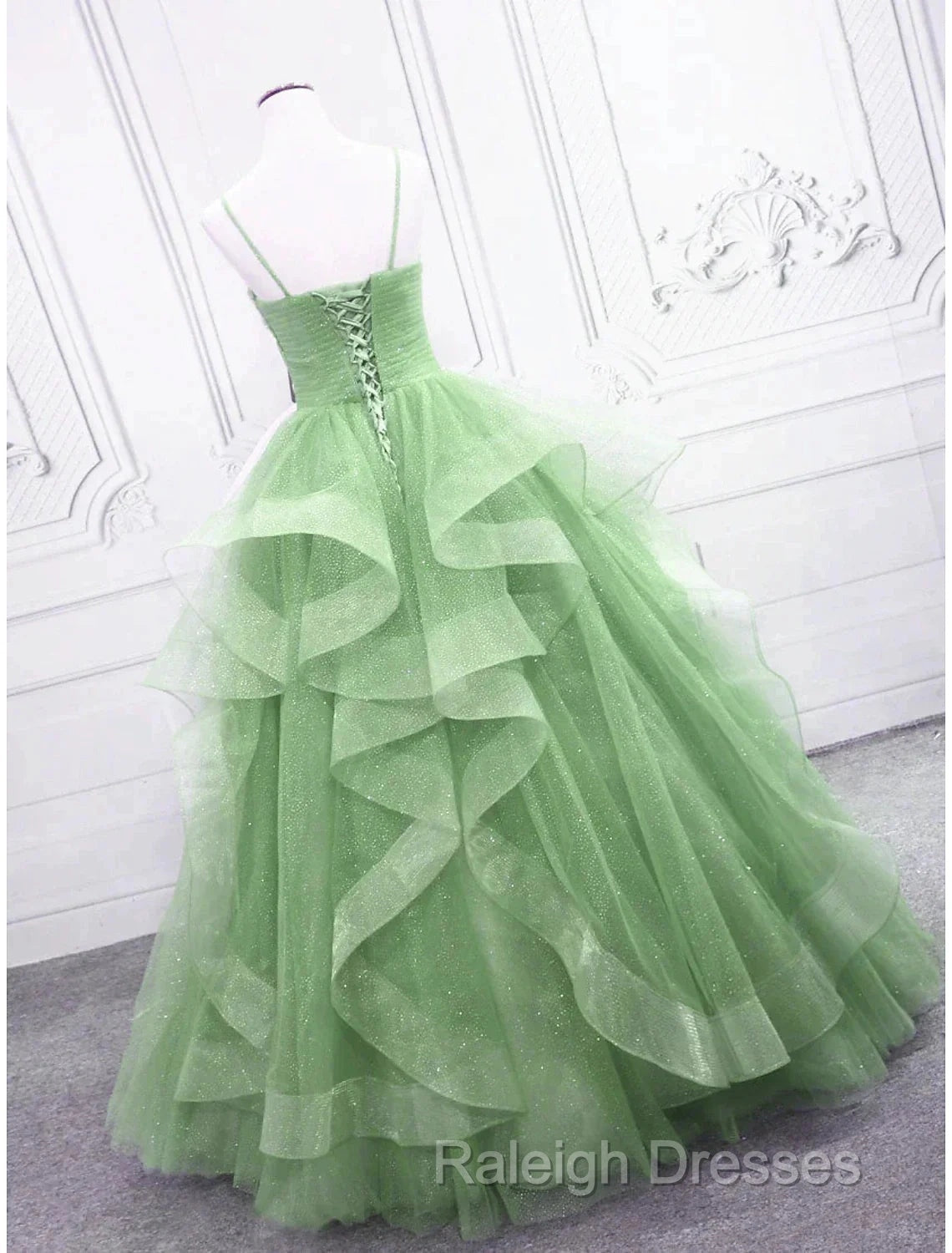 Ball Gown Prom Dresses Glittering Dress Formal Floor Length Sleeveless V Neck Tulle With Glitter Ruffles Secondary image