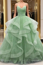 Ball Gown Prom Dresses Glittering Dress Formal Floor Length Sleeveless V Neck Tulle With Glitter Ruffles