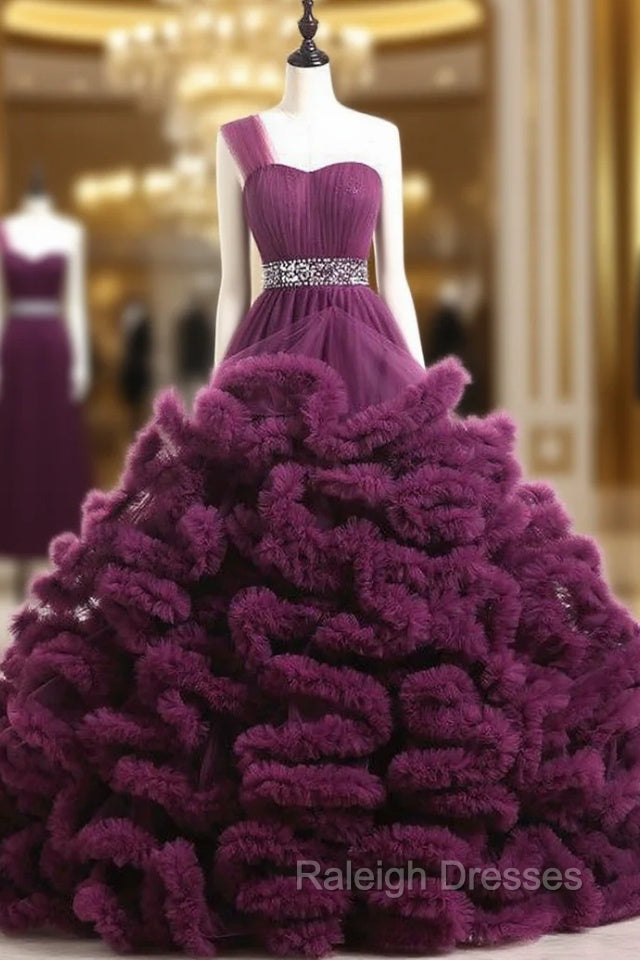 Ball Gown Purple One Shoulder Tulle Ruffle Crystal Wedding Dress Main image