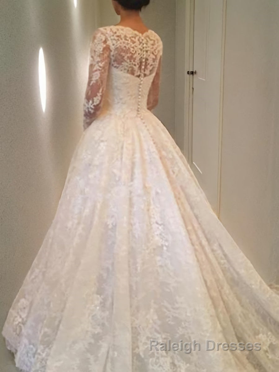 Ball Gowns Scoop Cathedral Train Lace Wedding Dresses With Ruffles Secondary image