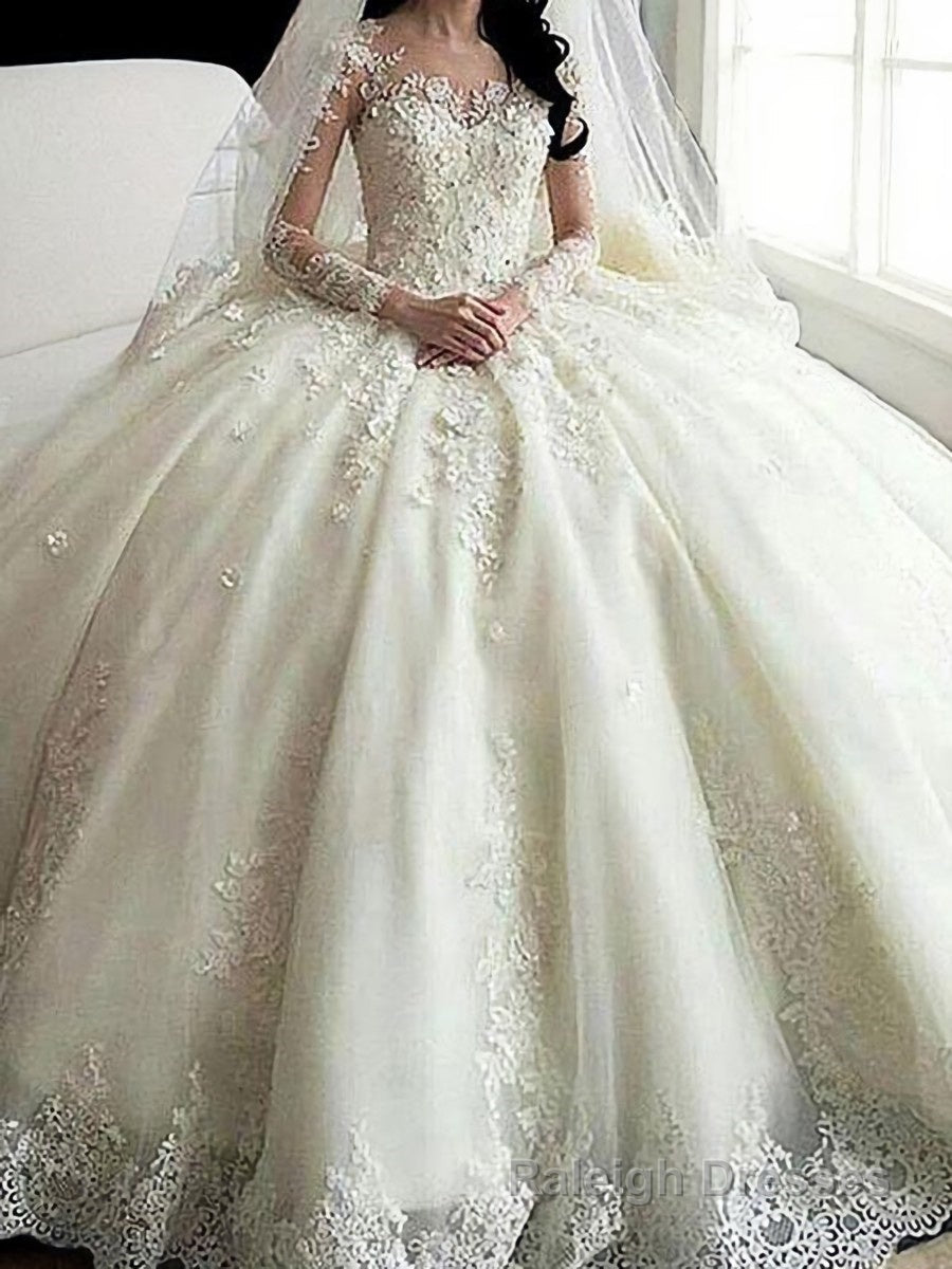 Ball Gowns Scoop Cathedral Train Tulle Wedding Dresses With Appliques Lace Main image