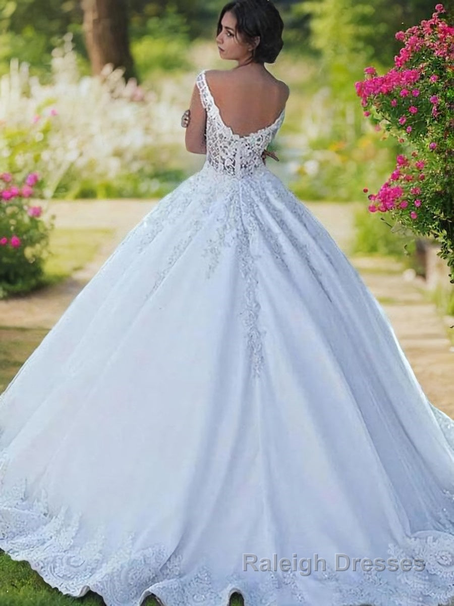 Ball Gown Scoop Sweep Train Satin Wedding Dresses Secondary image
