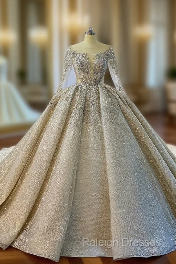 Ball Gown Sequins Illusion V-neck Long Sleeve Beading Wedding Dress Main image