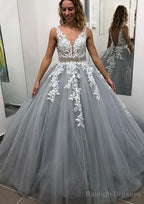 Ball Gown Sleeveless Long Dress Floor Length Tulle Prom Dress With Lace Appliqued Beading