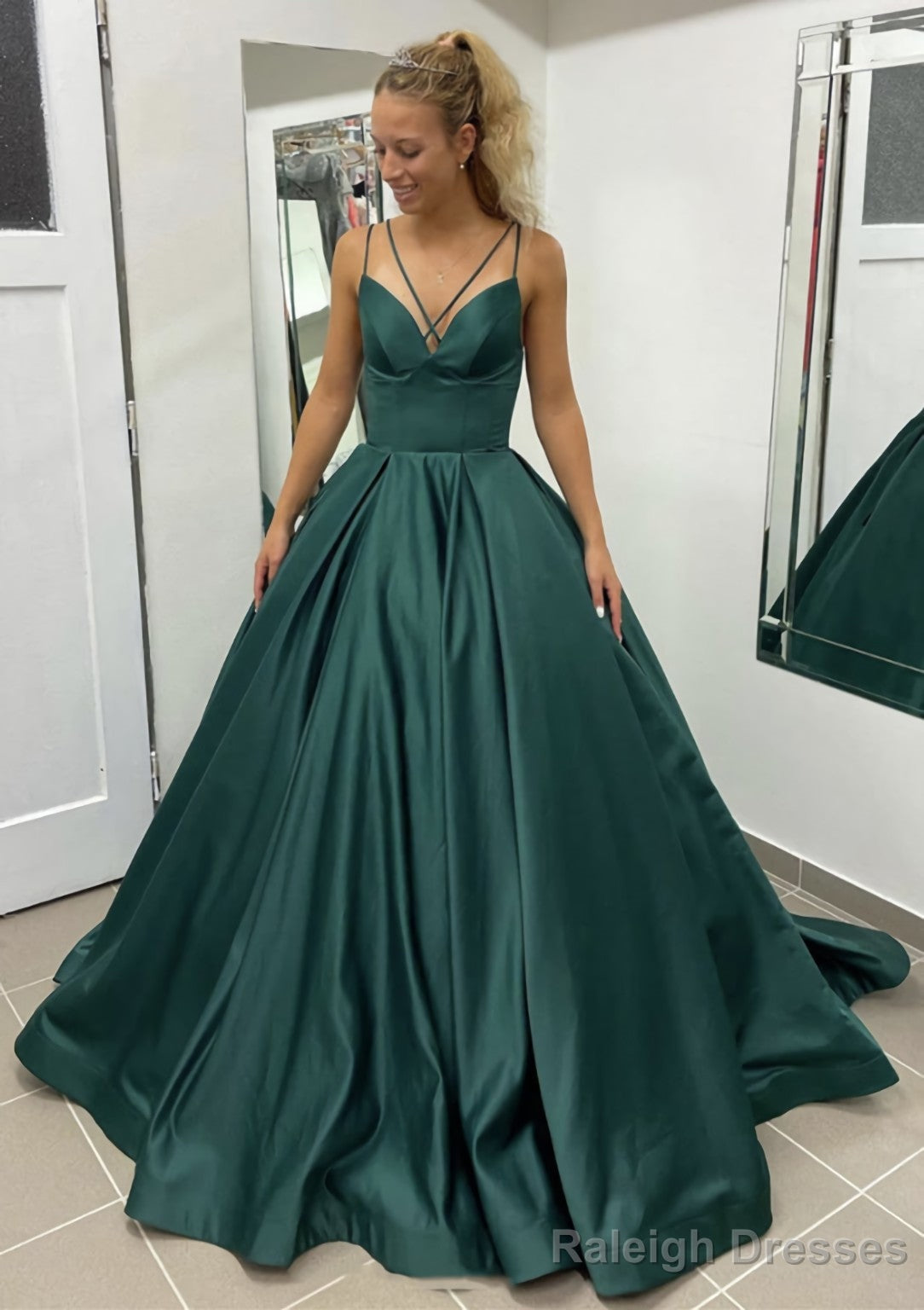 Ball Gown Sleeveless Scalloped Neck Sweep Train Satin Prom Dresses With Pleated Pockets Main image