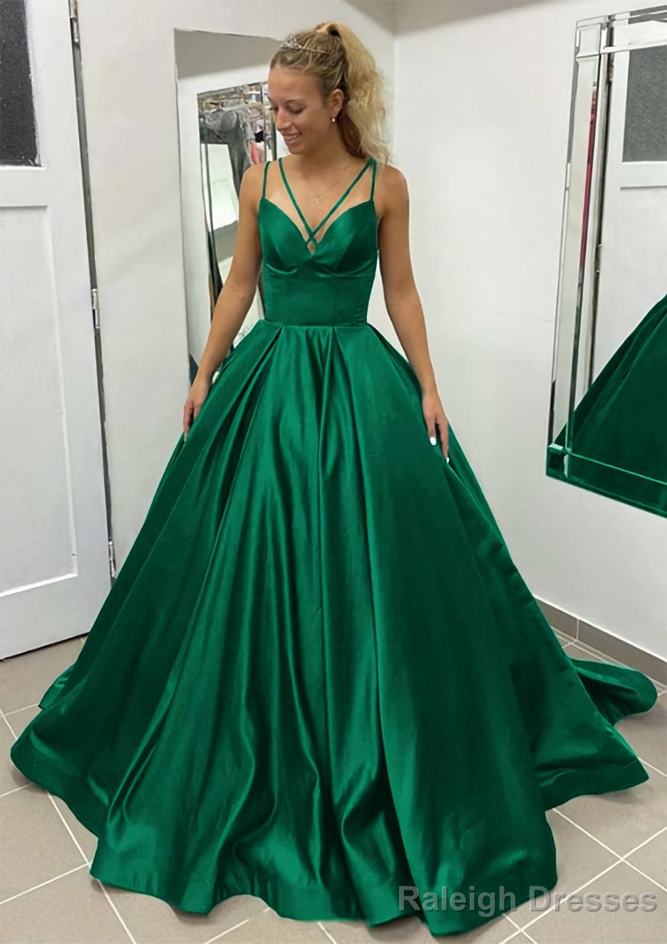 Ball Gown Sleeveless Scalloped Neck Sweep Train Satin Prom Dresses With Pleated Pockets