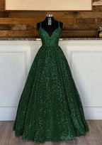 Ball Gown Sleeveless V Neck Long Dress Floor Length Sequined Sparkling Prom Dress With Pleated