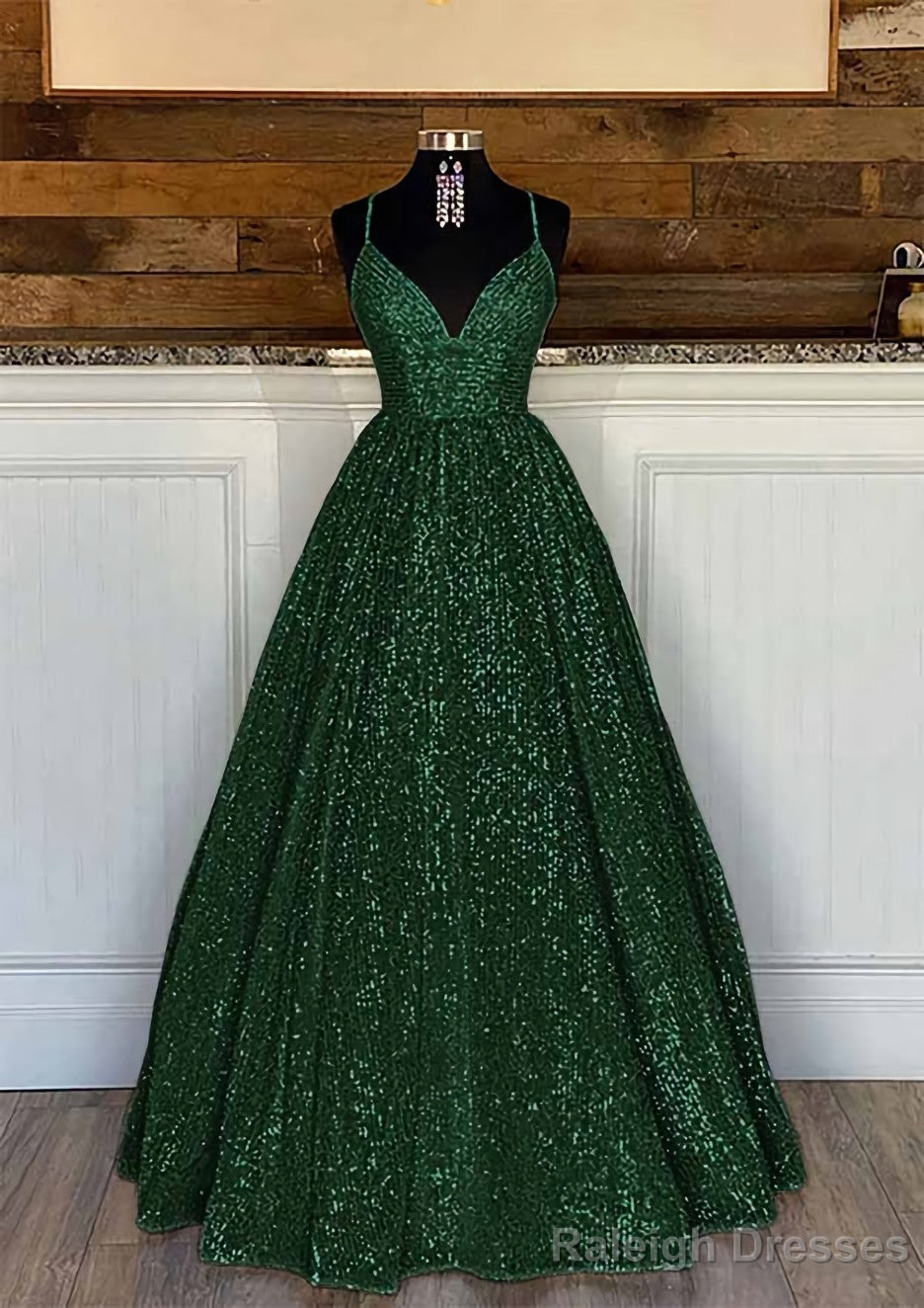 Ball Gown Sleeveless V Neck Long Dress Floor Length Sequined Sparkling Prom Dress With Pleated