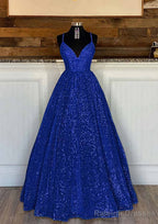 Ball Gown Sleeveless V Neck Long/Floor-Length Sequined Sparkling Prom Dresses With Pleated