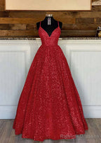 Ball Gown Sleeveless V Neck Long Dress Floor Length Sequined Sparkling Prom Dress With Pleated