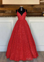 Ball Gown Sleeveless V Neck Long/Floor-Length Sequined Sparkling Prom Dresses With Pleated