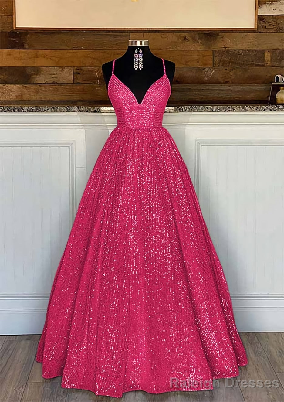 Ball Gown Sleeveless V Neck Long Dress Floor Length Sequined Sparkling Prom Dress With Pleated