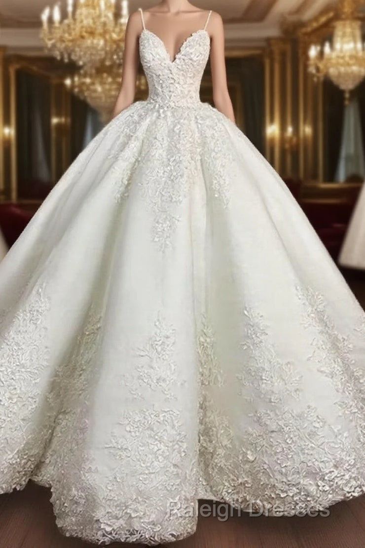 Ball-Gown Spaghetti Straps Applique Floor-Length Satin Wedding Dress Main image