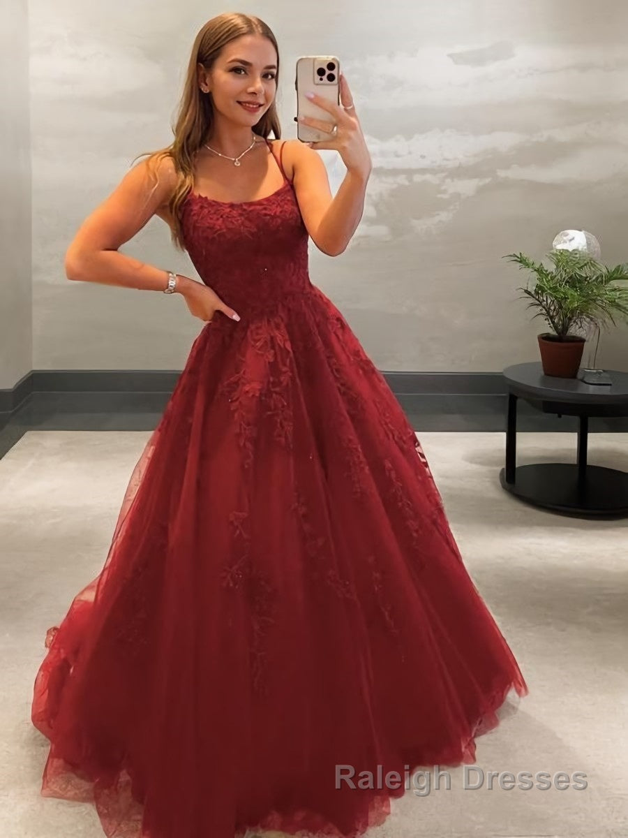 Ball Gowns Spaghetti Straps Sweep Train Tulle Prom Dresses With Appliques Lace Main image