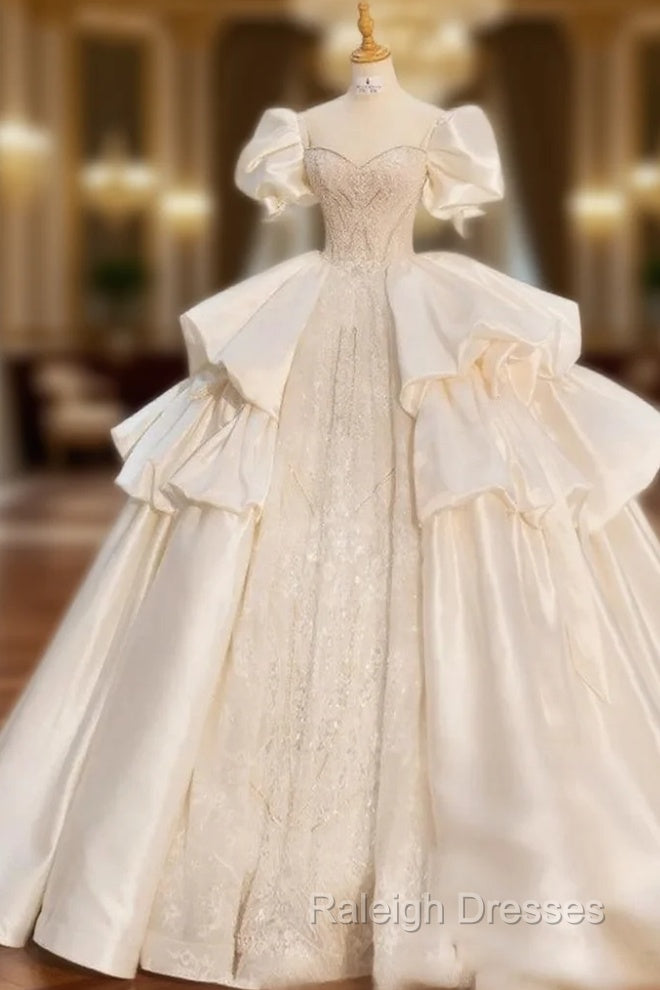 Ball Gown Square Beading Puff Sleeve Wedding Dresses Main image