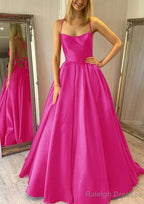 Ball Gown Square Neckline Sleeveless Satin Sweep Train Prom Dresses With Pleated Pockets