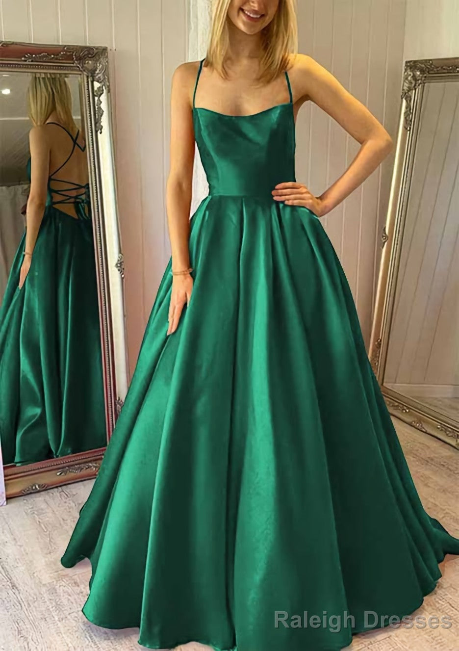 Ball Gown Square Neckline Sleeveless Satin Sweep Train Prom Dresses With Pleated Pockets