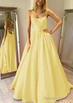 Ball Gown Square Neckline Sleeveless Satin Sweep Train Prom Dresses With Pleated Pockets