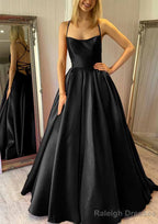 Ball Gown Square Neckline Sleeveless Satin Sweep Train Prom Dresses With Pleated Pockets