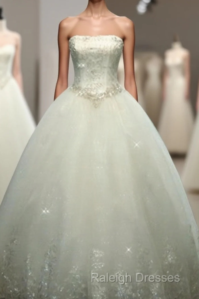 Ball-Gown Straight Beading Floor-Length Tulle Wedding Dress