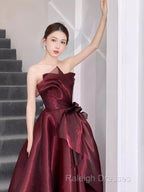 Ball Gown Strapless Burgundy Organza Prom Dresses Evening Dress