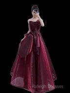 Ball Gown Strapless Burgundy Organza Prom Dresses Evening Dress
