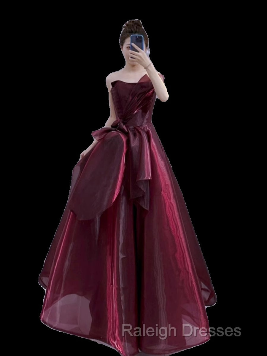 Ball Gown Strapless Burgundy Organza Prom Dresses Evening Dress