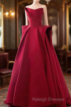 Ball Gown Strapless Burgundy Satin Prom Dresses Evening Dress