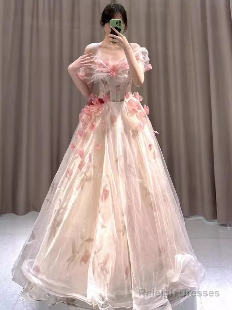 Ball Gowns Strapless Champagne Floral Prom Dresses Long Prom Dress